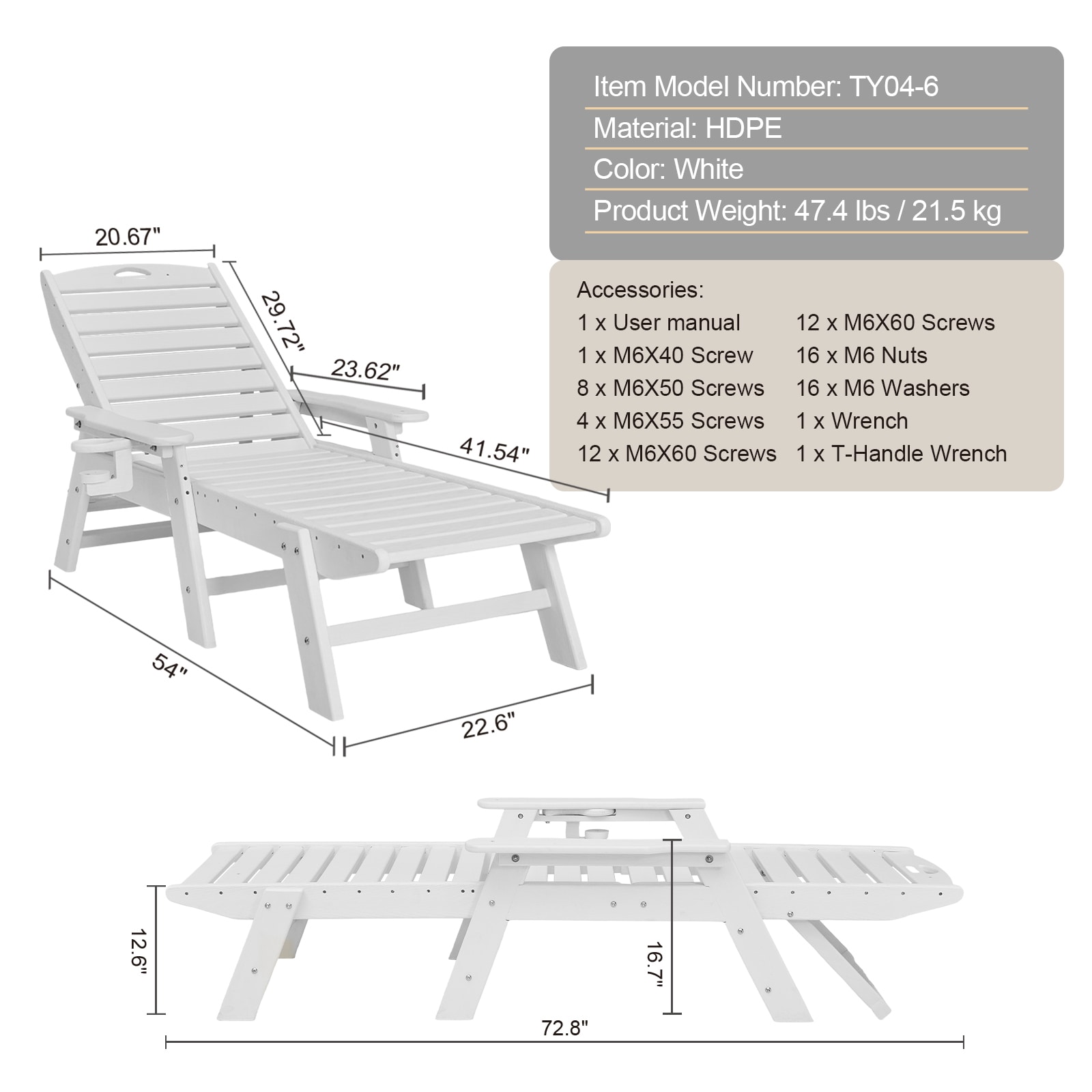 Outdoor Chaise Lounge Chair 6 Position Adjustable Reclining Bench Lounger White_maomaolike.com